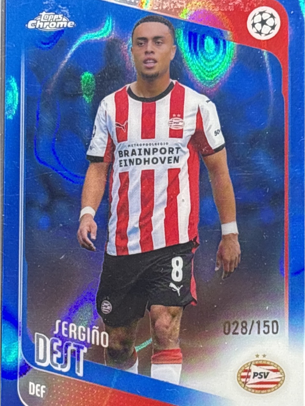 Topps Chrome Sergino Dest Soccer Card — Blue Holo Refractor LE 28/150